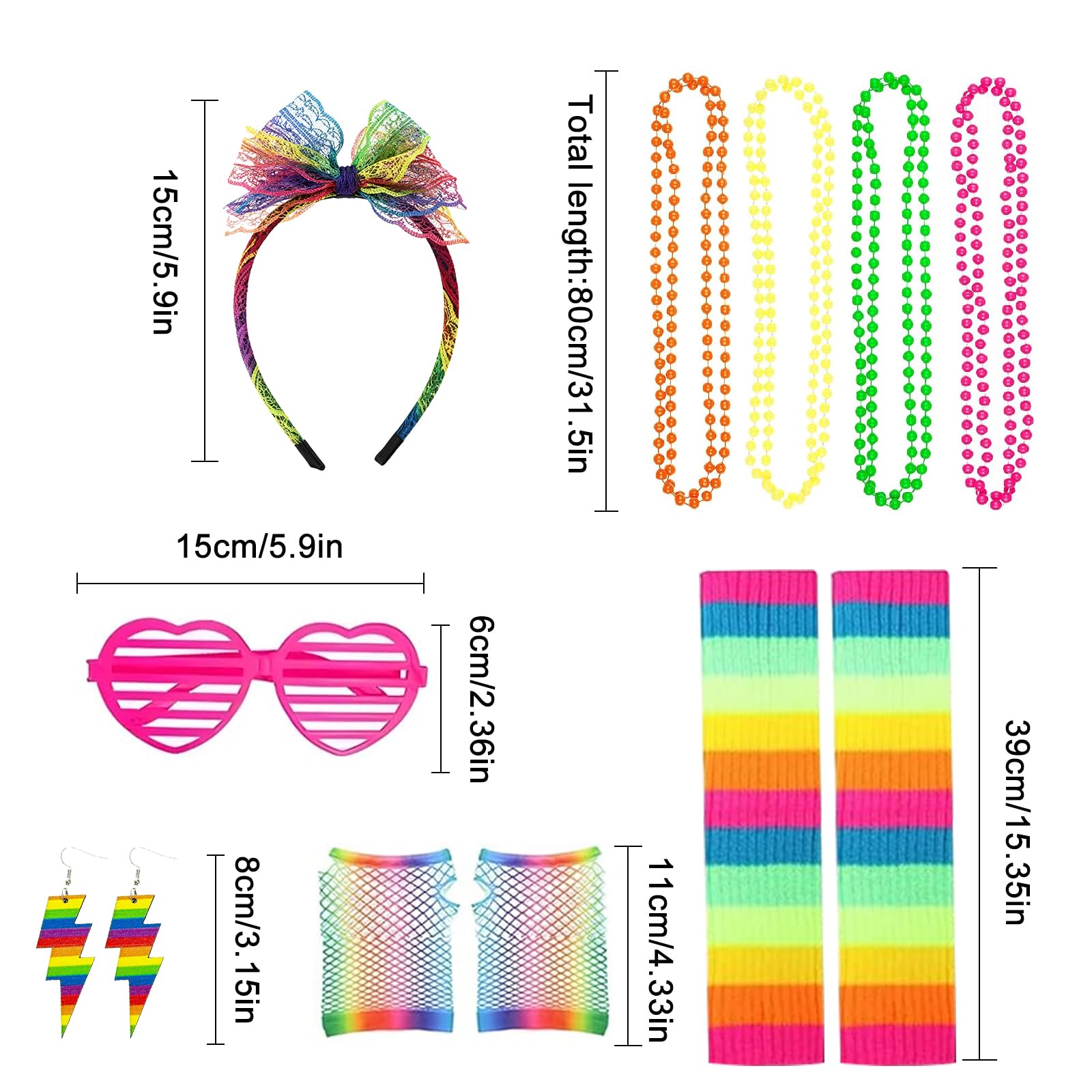 80s Fancy Dress for Women Girls,1980s Fancy Dress Costumes Accessories,80s Party Rainbow Costume Accessor Set,Neon Leg Warmers Fishnet Gloves Glasses Earrings Necklace Headband for Retro Outfit Party - Image 2