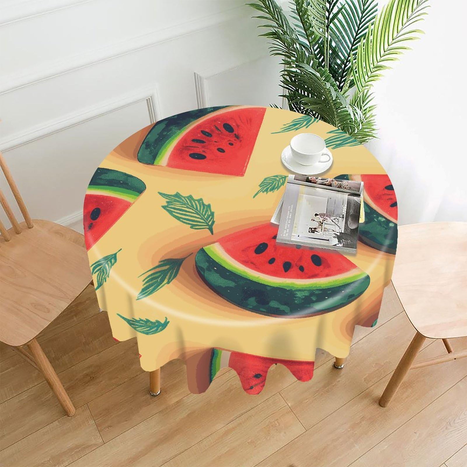 FekiLoot Round Summer Watermelon Tablecloth Decorative Fabric Table Cloth Wrinkle Free Circle Dining Tablecover Washable Polyester Table Cover for Holiday Dinner Party Decor 60"