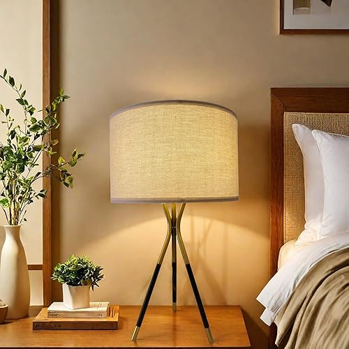 Miniatura 4 de Juego de 2 lámparas de mesa con trípode de metal moderno de 20.8 pulgadas, lámpara de mesa de noche con pantalla de lino beige, lámpara de mesa