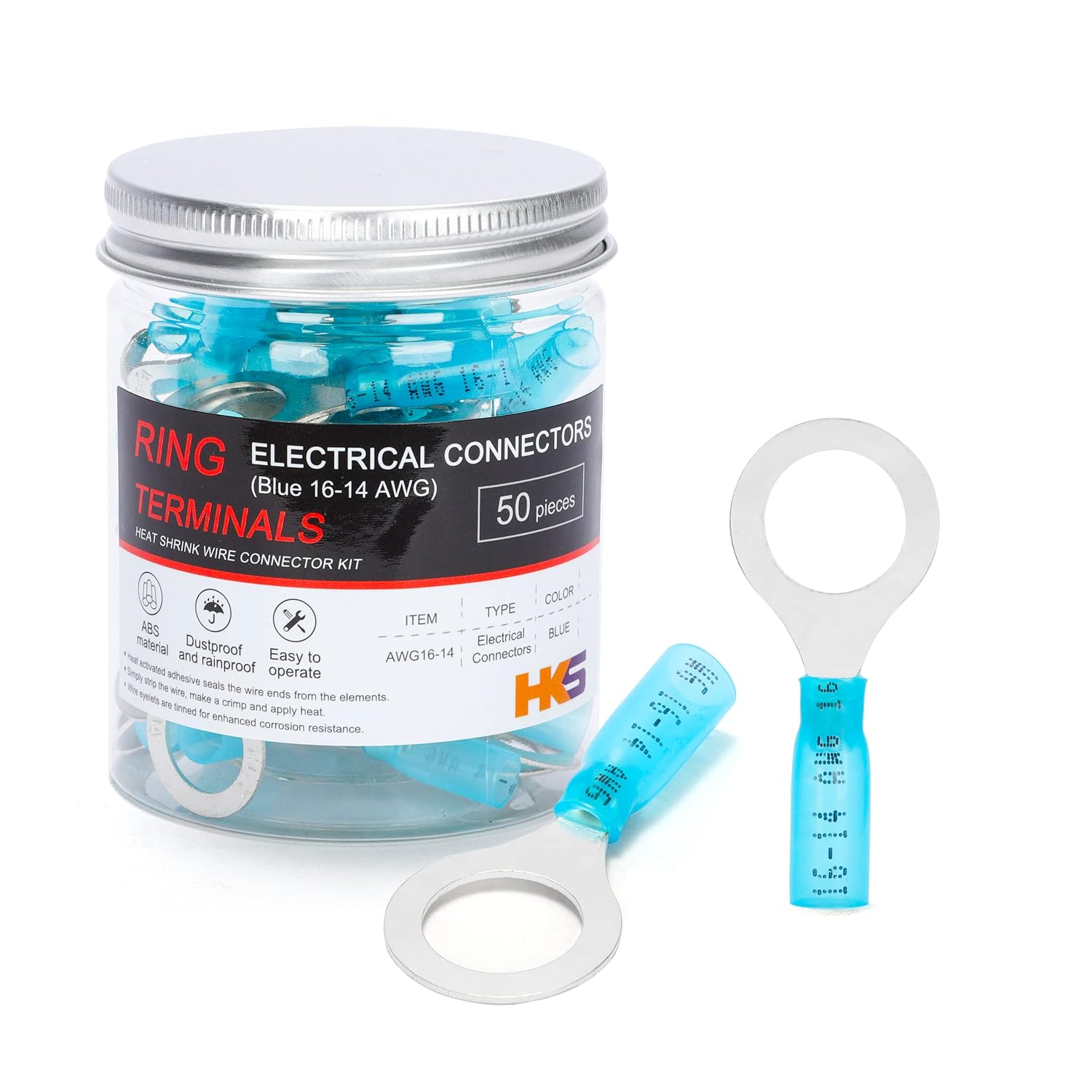 HKS 50 PCS Ring Terminals 1/2" Blue 16-14 AWG - M12 - Electrical Connectors - Heat Shrink Wire Connector Kit - Tinned Red Copper - Automotive Marine Ring Connectors - Waterproof and Insulated