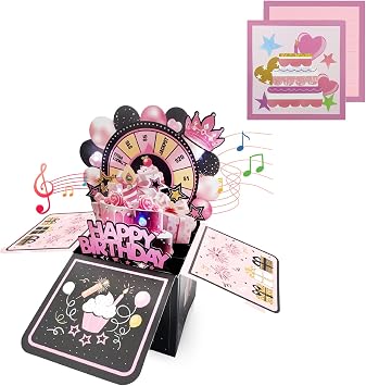 Black Pink 3D Pop Up Musical Birthday Card for Women Girls Boys Her Birthday Gifts,Singing Blowable Candle Light Up Happy Birthday Cards for Female Daughter Sister Brother Mum Wife Niece Grandma