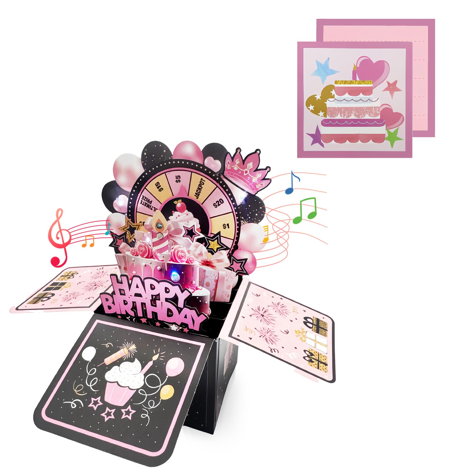 Black Pink 3D Pop Up 90th Musical Birthday Card for Women Her Birthday Gifts,Singing Blowable Candle Light Up Happy 90th Birthday Cards with Turntable for Female Grandma Mum Wife Sister Ladies