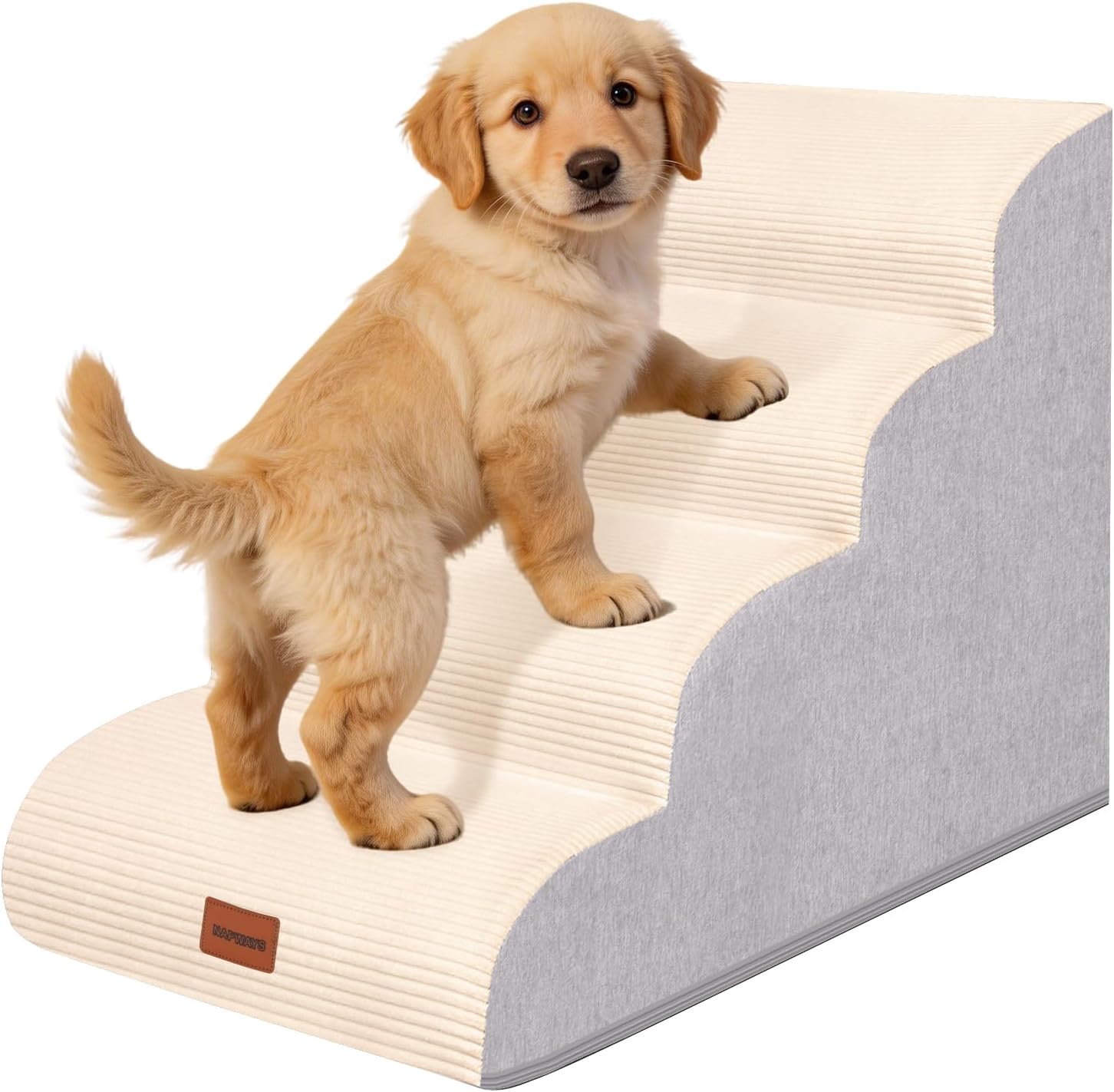 Dog Stairs for Small Dogs and Cats, 19.7" H, 4-Step Curved Pet Ramp for Beds or Couches, Non-Slip Medium Pet Steps with High Density Foam, Beige