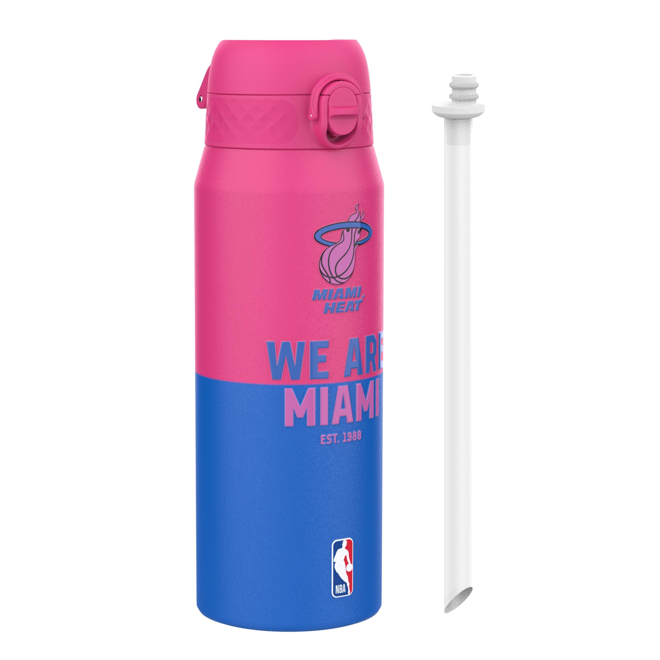 Ion8 NBA Miami Heat Sports Thermal Water Bottle with Removable Straw, 750ml/24oz, Leak-proof Insulated Drinking Bottle, Easy to Open, Secure Lock, Dishwasher Safe, Flip Cover, Metal Bottle