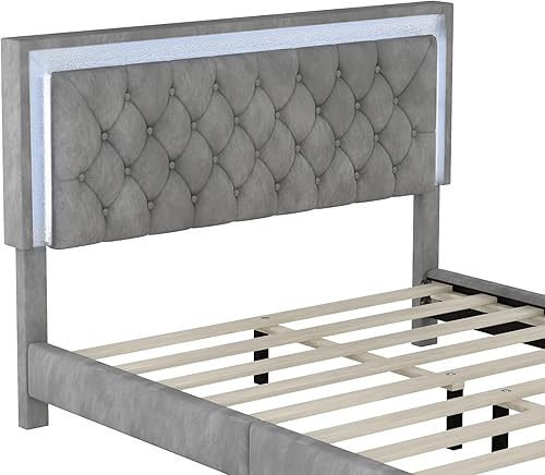 Miniatura 16 de Base de cama flotante tamaño Queen con luces LED y carga USB, marco de cama LED de plataforma tapizada moderna, no necesita somier (blanco-1)