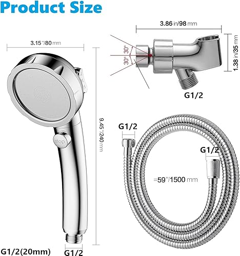 Miniatura 9 de Cabezal de ducha de mano de alta presión con interruptor de pausa de encendidoapagado, cabezal de ducha de 3 ajustes de pulverización con