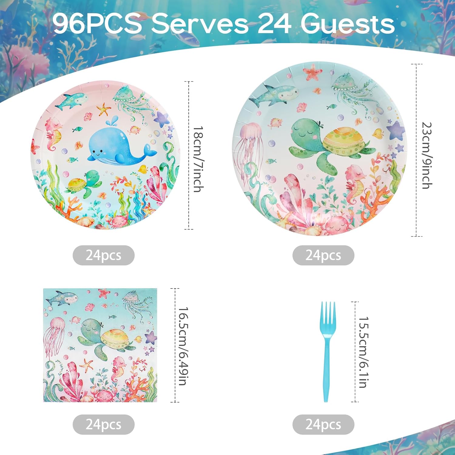 96Pcs Under the Sea Plates Party Supplies, Fish Paper Plates and Napkins and Forks Ocean Baby Shower Picnic Kids Birthday Party Decorations, Serves 24