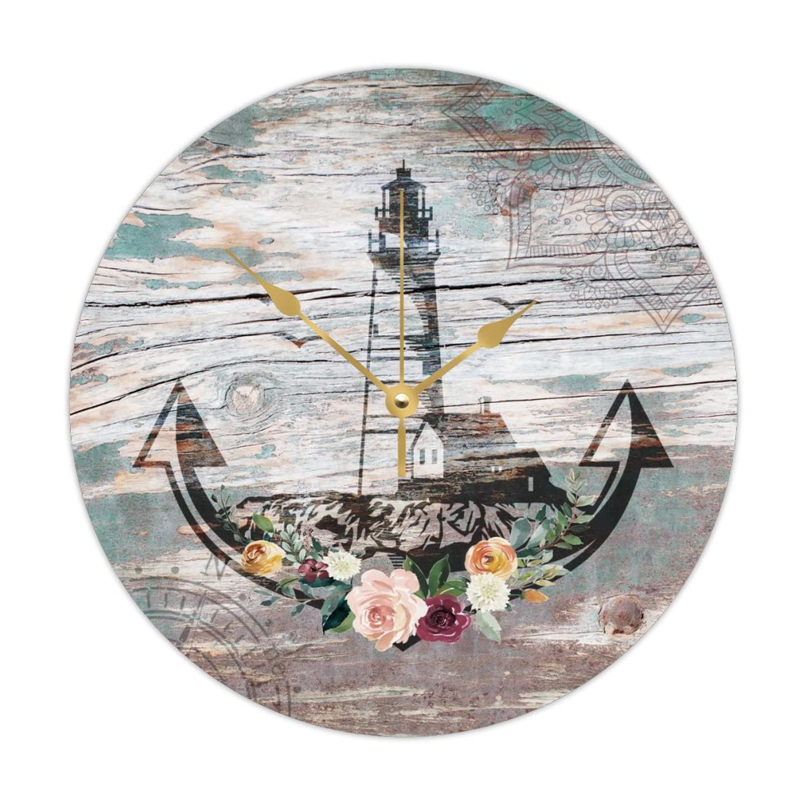 Horloge murale ronde bois ancre nautique silencieuse sans fil pour chambre