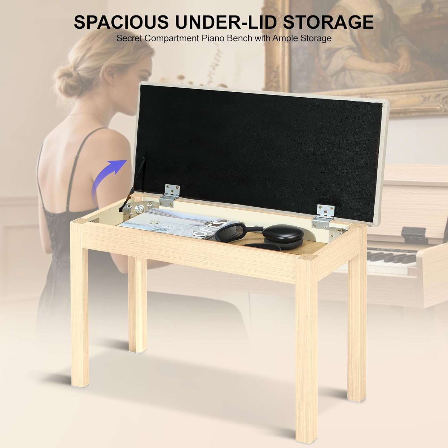 Duet Piano Bench with Storage - Wooden Solid Wood Piano Bench, Tufted Padded Keyboard Bench, Piano Stool & Piano Chair Seat Vanity Stool, Duet Double Piano Seat (Apricot)