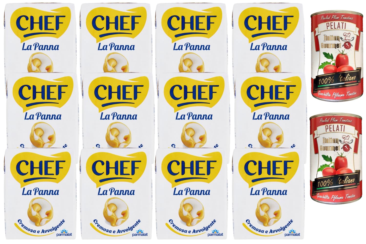12x Parmalat Panna chef Sahne per cucinare Kochcreme creme fur Koch 200ml + Italian Gourmet 100% italienische geschälte Tomaten dosen 2x 400g
