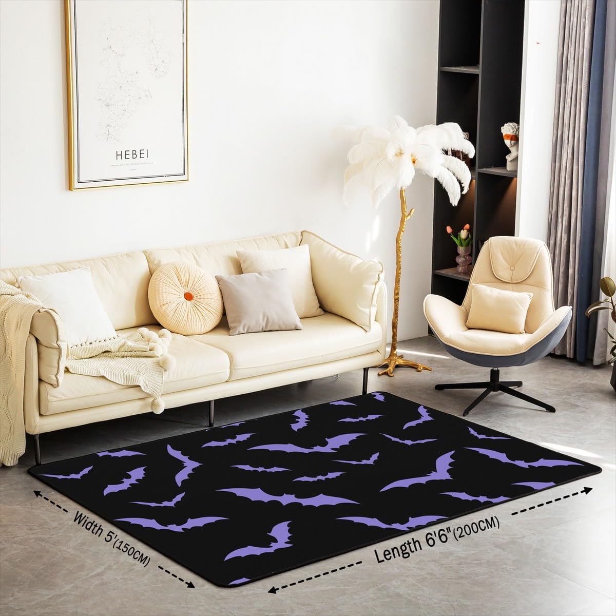 Erosebridal Purple Bat Non Slip Area Rugs 5x7,Halloween Decoration Rectangular Carpet,Safari Animals Dorm Home Office Indoor Floor Mat,Cute Gothic Bats Print Decorative Indoor Outdoor Washable Rug