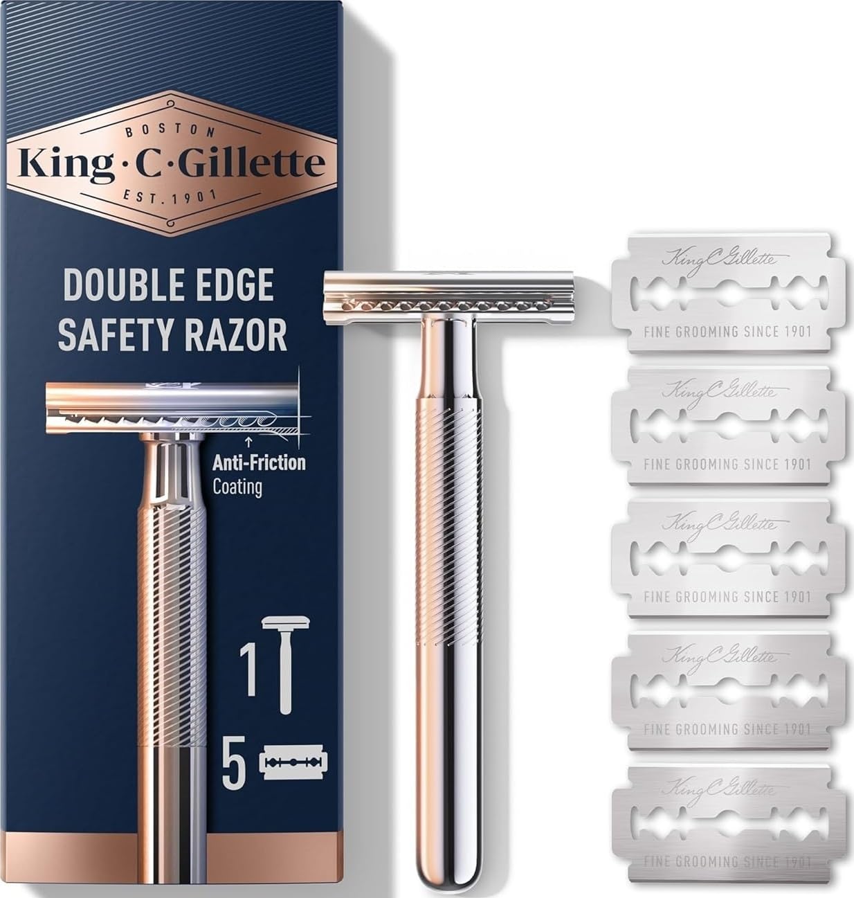 King C. Gillette Safety Razor with Chrome-Plated Handle and 5 Blades