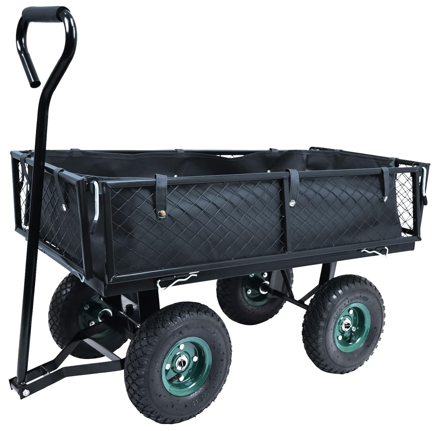 ELEVON Mesh Steel Folding Utility Wagon with Liner, Removable Sides & 10in Pneumatic Tires - 400 lbs Capacity, Black