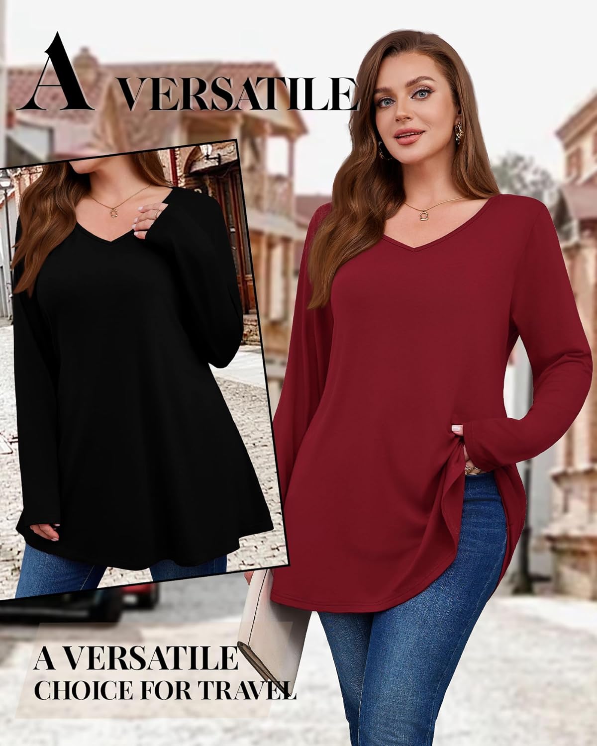 3 Pack Women's Plus Size Tunic Tops V Neck Long Sleeve Shirts Loose Fit Casual Flowy Tees with Leggings - Image 5