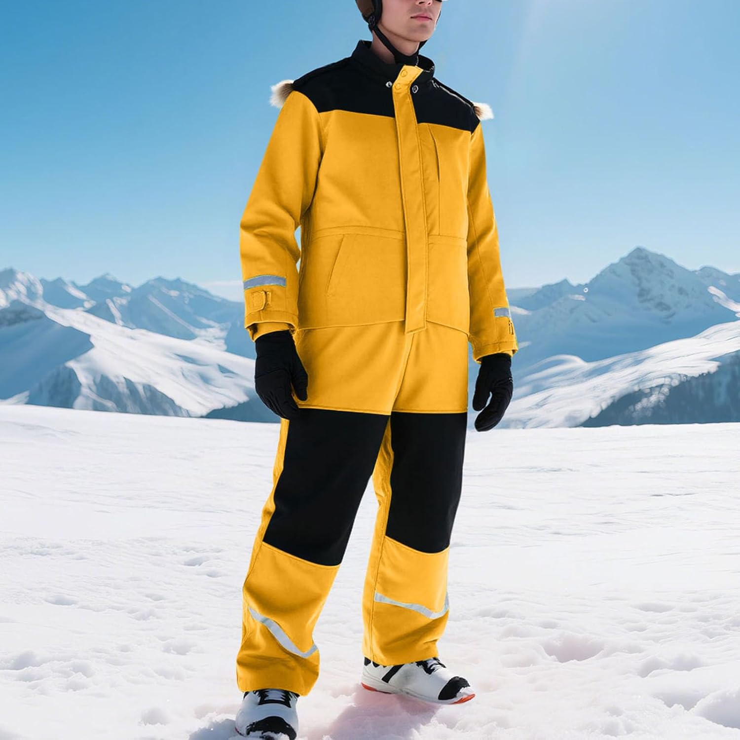 Women Men One Piece Snowsuit Waterproof Windproof Winter Ski Suit with Fleece Lining Reflective for Outdoor Sports