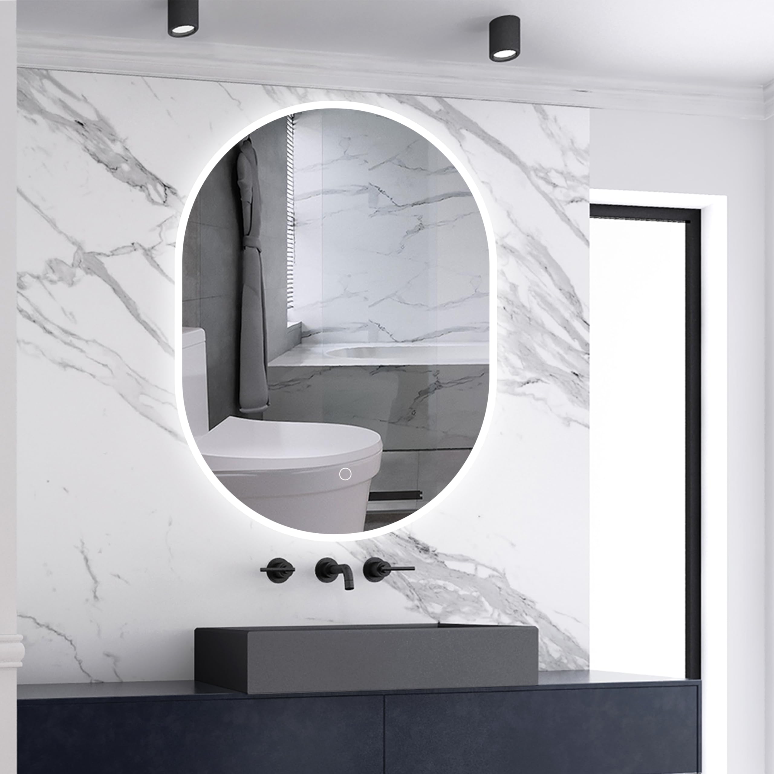 Skybathroom - Espejo de baño ovalado iluminado LED, 3 colores de luz LED, brillo regulable, función de memoria, antivaho, 60 x 80 cm