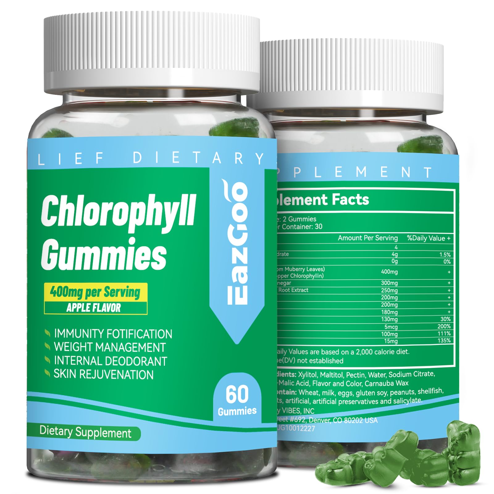 Sugar Free Chlorophyll Gummies, Vitamin B12 Zinc - Natural Deodorant*, Supports Healthy Skin & Body Detox*, Immune & Digestion Support, Chewable Chlorophyll Supplement for Women - 60 Count