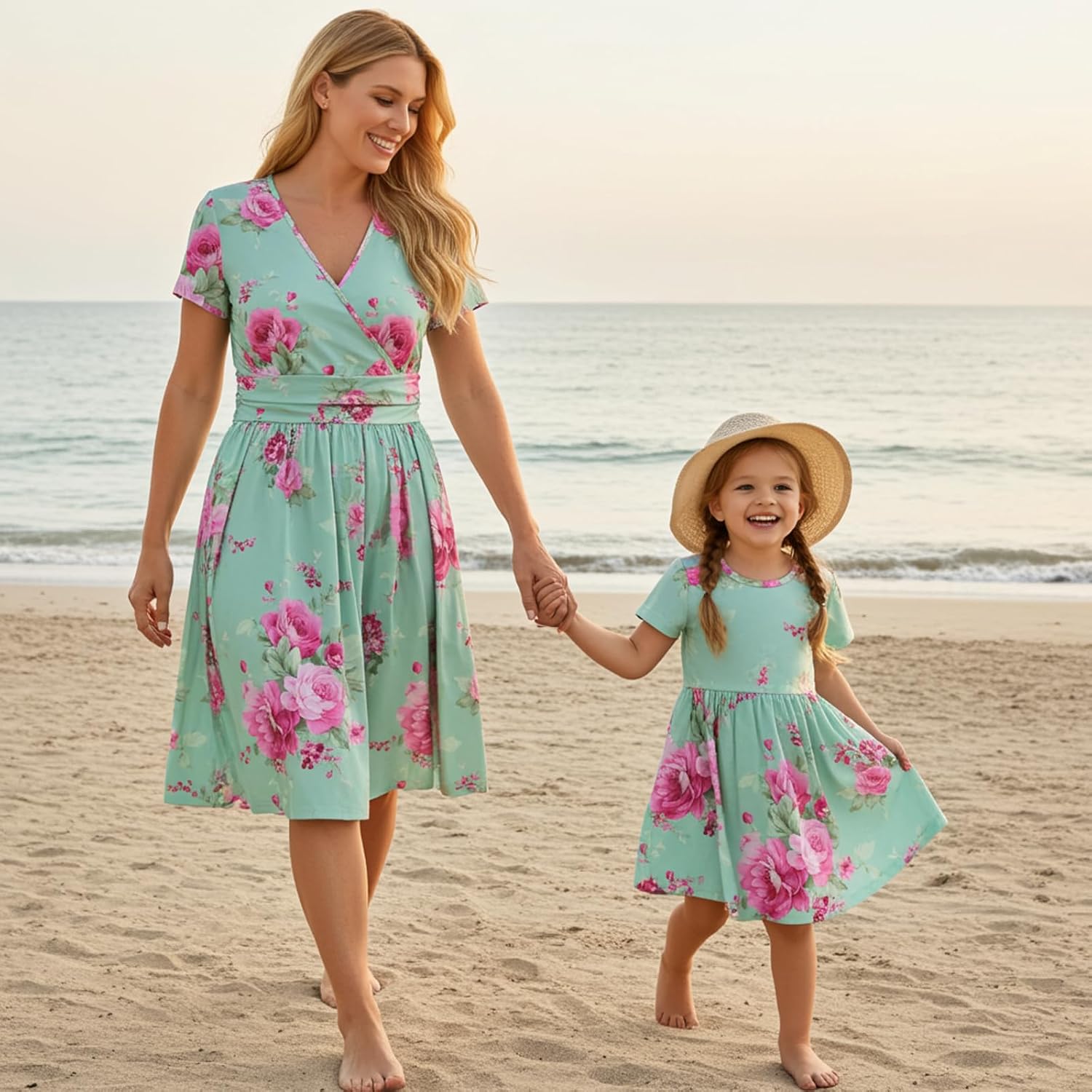 Mommy and Me Floral Dresses Mother Daughter Matching Short Sleeve Tshirt Midi Dress Crew Neck Outfits with Pockets - Image 3