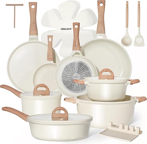 Juego de ollas y sartenes antiadherentes, no tóxicos, 22 piezas de utensilios de cocina de cerámica, ollas y sartenes antiadherentes con tapa,