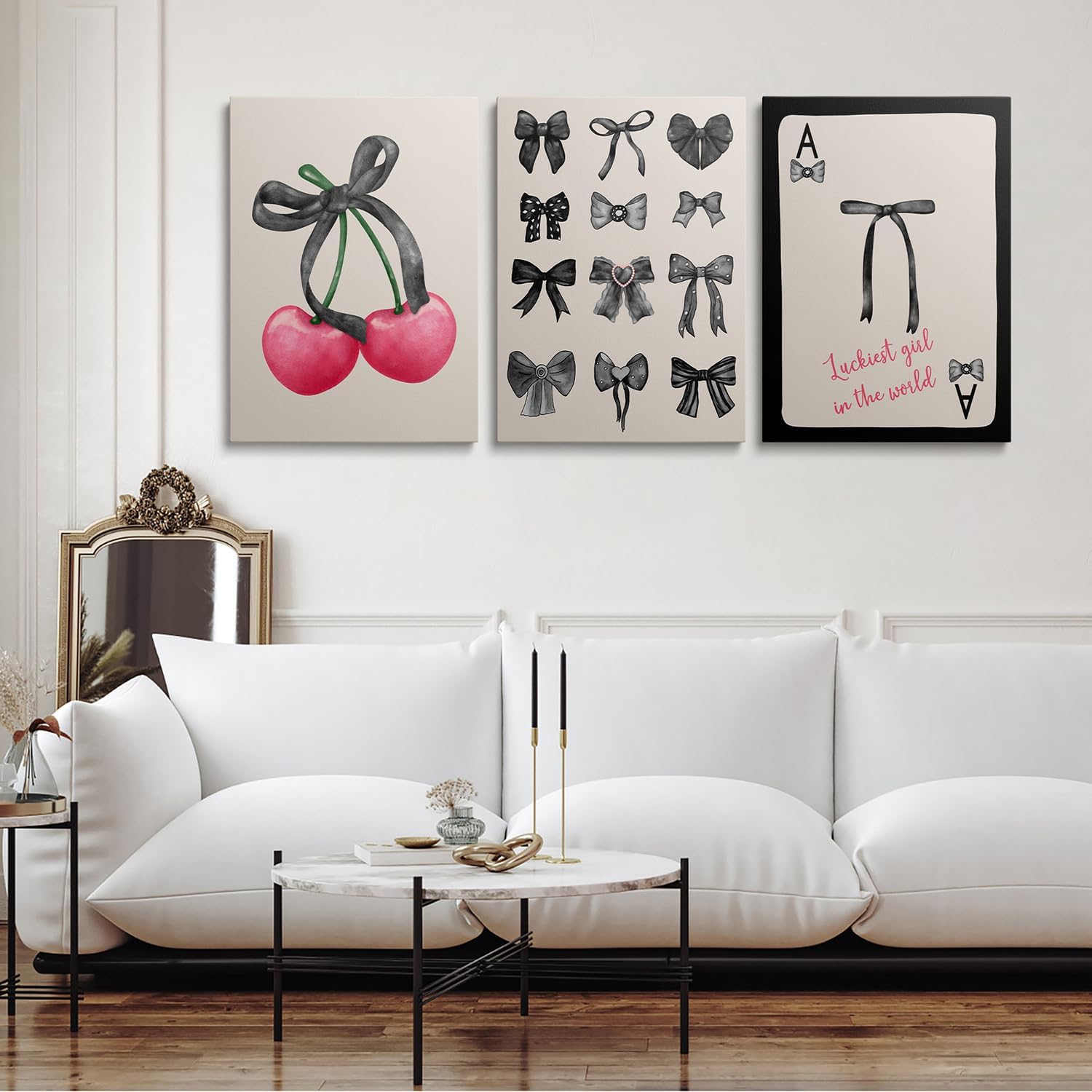 Framed Pink Coquette Trendy Preppy Bow Wall Art Prints Set of 3 Pink Cherry Poker Wall Decor Posters Black Bows Dorm Room Decor College Apartment Decor Aesthetic for Girls Bedroom 12x16 inch Frame
