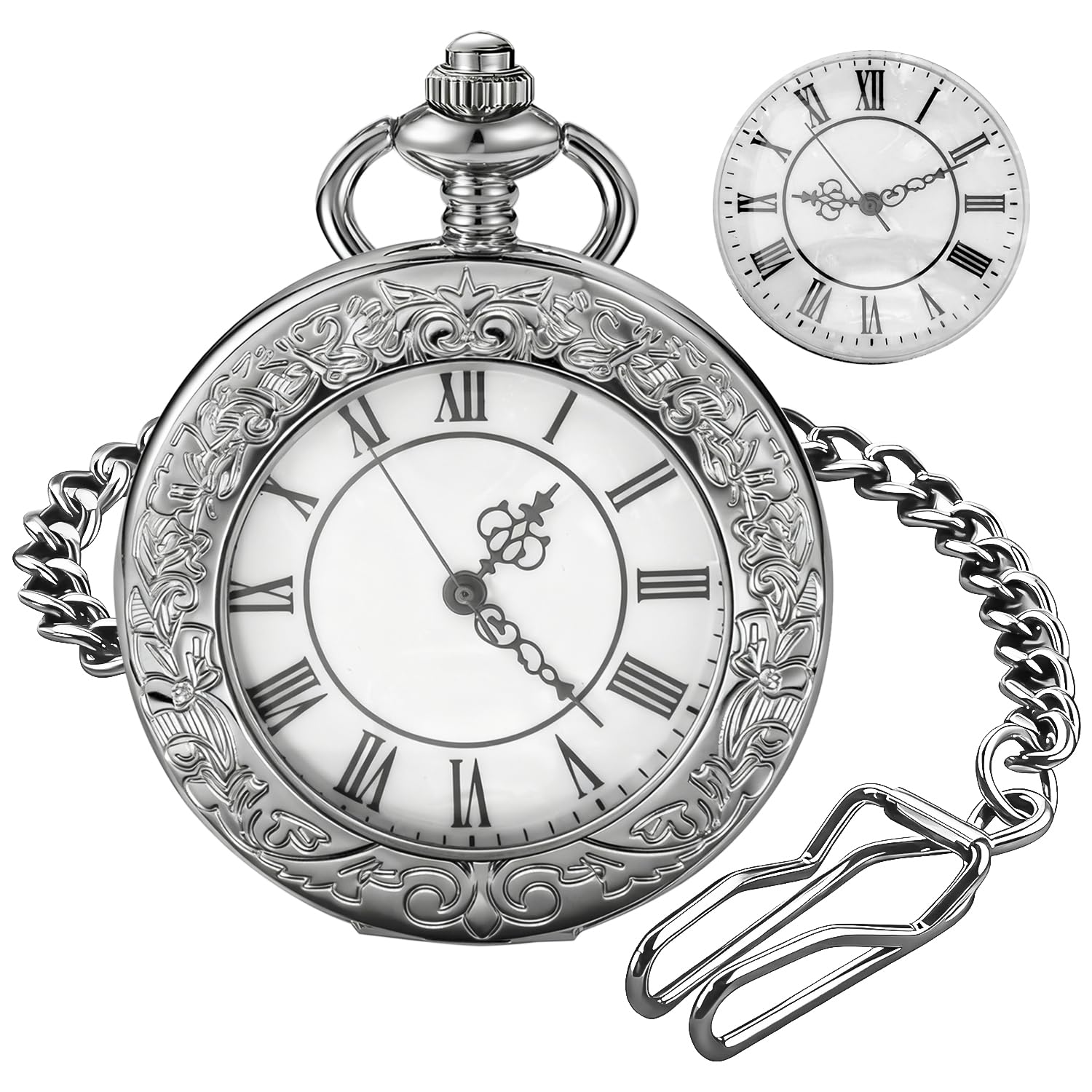 Silver Transparent Cover with White Roman Numeral Dial with Wave Texture Men's Quartz Pocket Watch-image-27