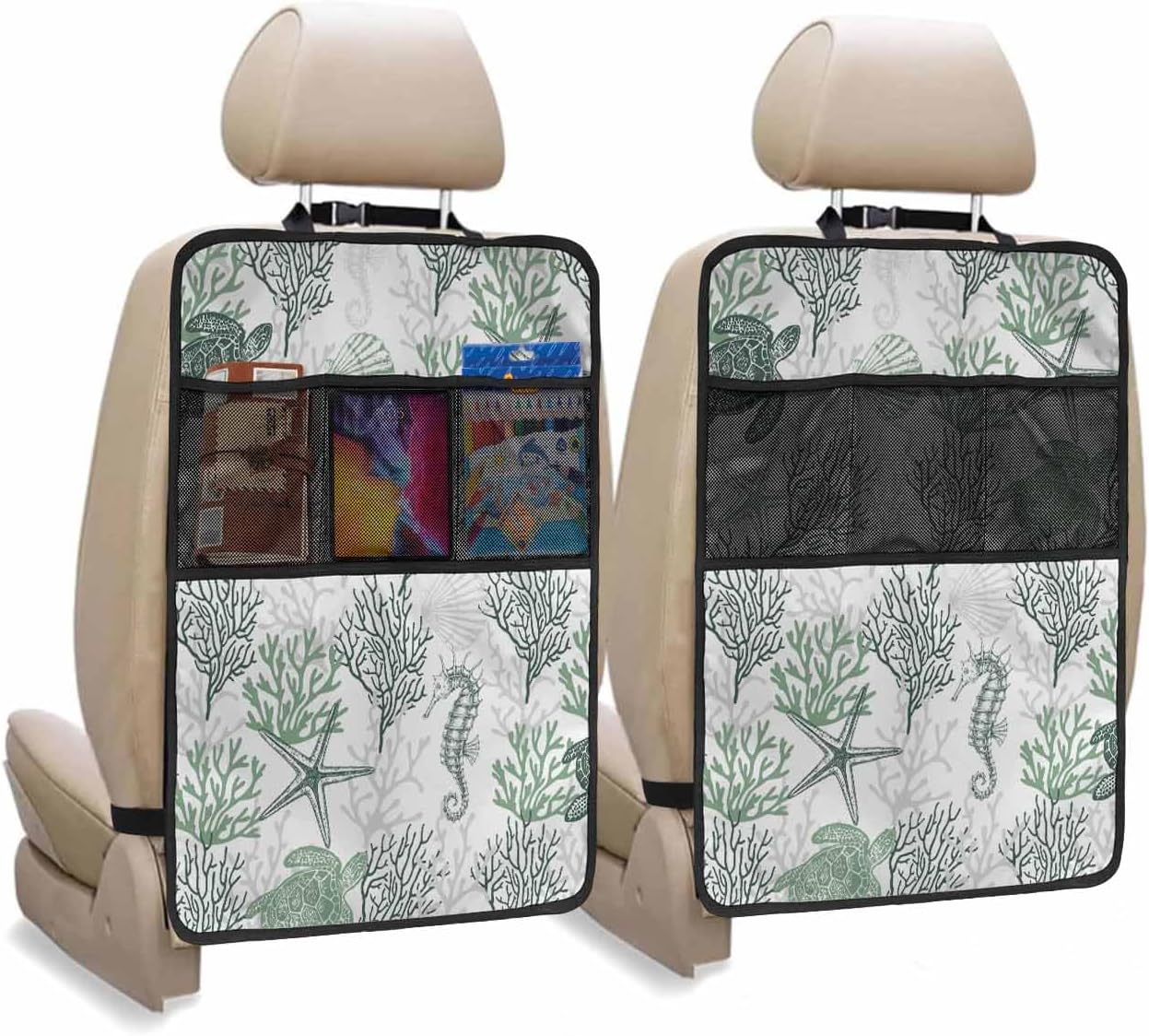 Car Seat Protector, 2 Pack Kick Mats Back Seat Protector Summer Ocean Sage Green Turtle Starfish Seahorse Seashell Coral Waterproof Backseat Cover for Universal Fit Automotive Interior Protectors