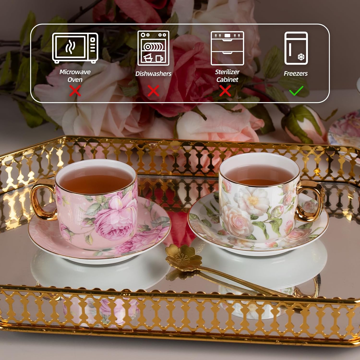 KAMMAK Tea Cups and Saucers Set of 2, Porcelain Coffee Cups, JBE025