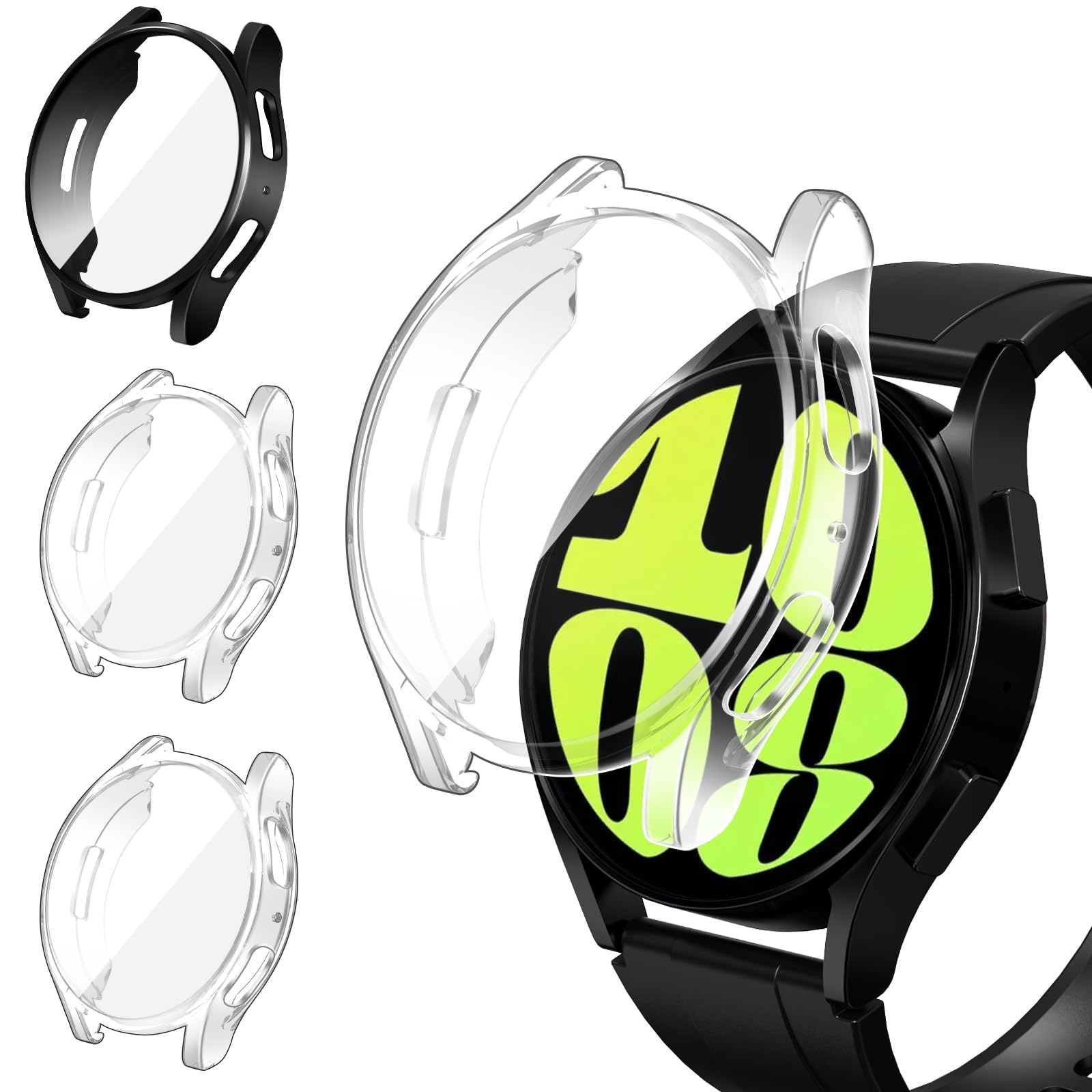 ivoler 3 sztuki etui z osłoną ekranu do Samsung Galaxy Watch 6 44 mm, pełne etui ochronne z miękkiego TPU cienkie, odporne na wstrząsy etui odporne na zarysowania (2 przezroczyste 1 czarne)