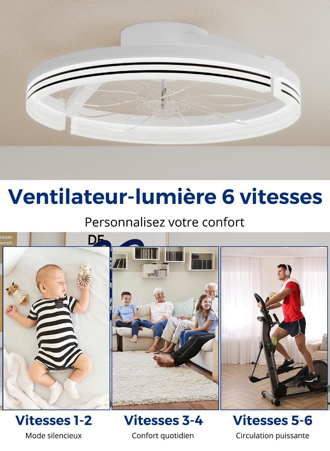 Ventilateur de Plafond 46cm avec Lumière LED, 6 Vitesses Réglables, Mode Réversible Avant/Arrière Dimmable 3000-6500K, Télécommande et Contrôle APP, Plafonnier LED Moderne pour Salon et Chambre, Blanc