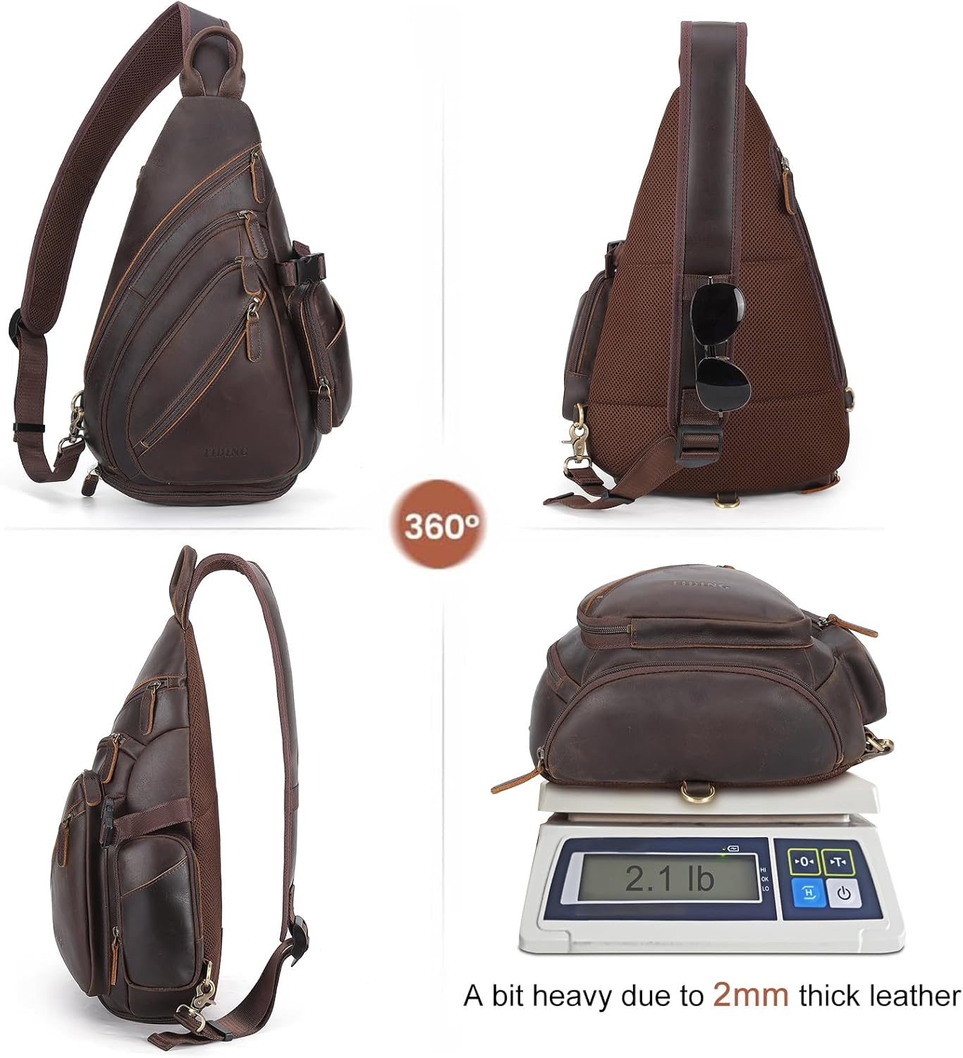 TIDING Full Grain Leather Sling Chest Bag for Men Large Crossbody Shoulder Bag Casual Hiking Daypack Fits 11" Tablet - Image 6