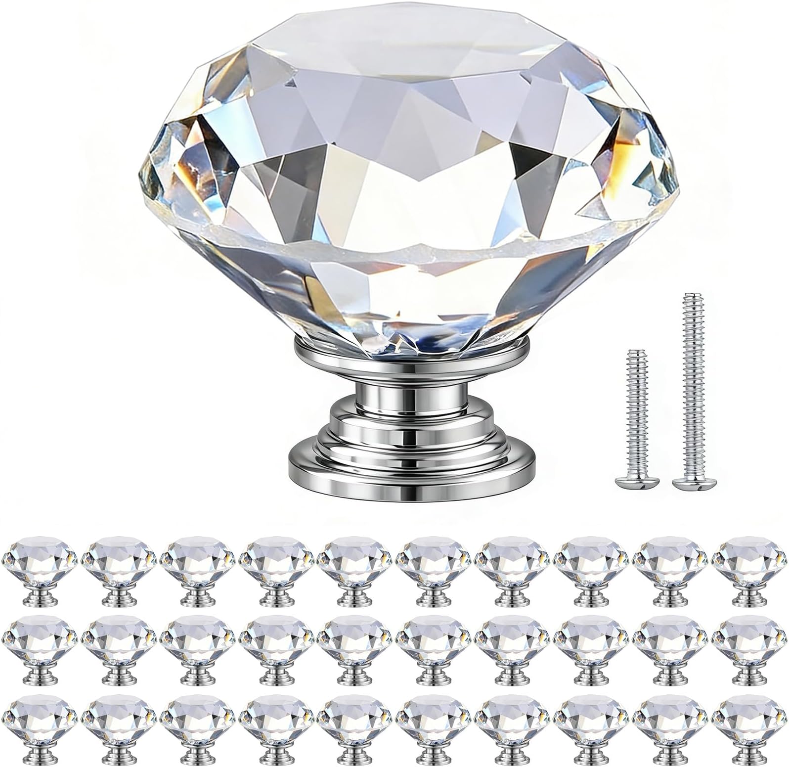 POZEAN Crystal Cabinet Knobs 30 Pack, 1-9/16 inch Drawer Knobs for Dresser with Two Screws, Diamond Glass Pulls Handles (40mm, 30Pack, Clear-Silver)