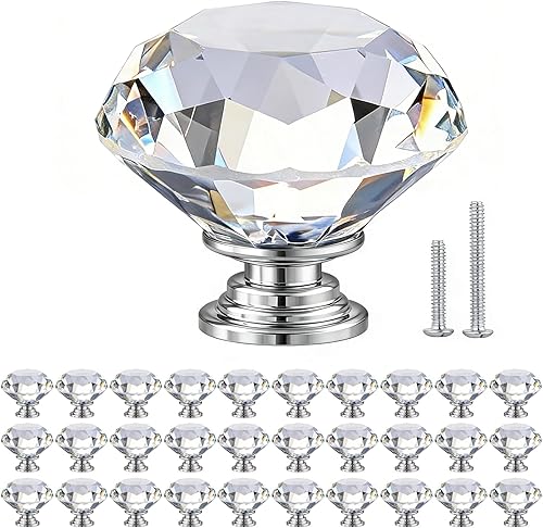 POZEAN Perillas de gabinete de cristal 30 unidades, perillas para cómoda de 1.57 pulgadas para gabinete, cajón con dos tamaños diferentes de