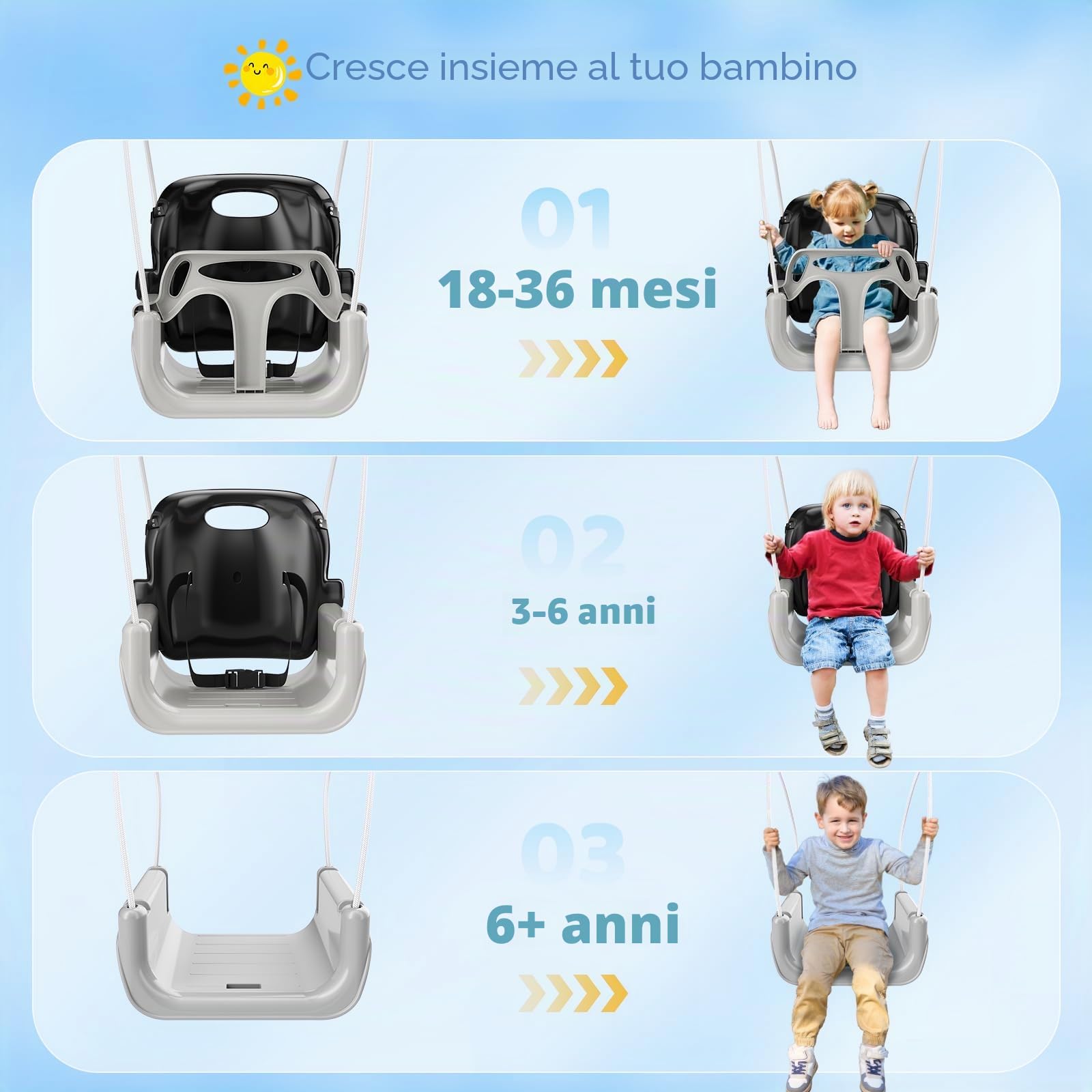 4-in-1altalena da giardino per bambini, Altalene Saltare Su per Bambini per Giochi, Supporto Metallo Pieghevole, Sedili Rimovibili Alta Qualità, 18 Mesi-6 Anni