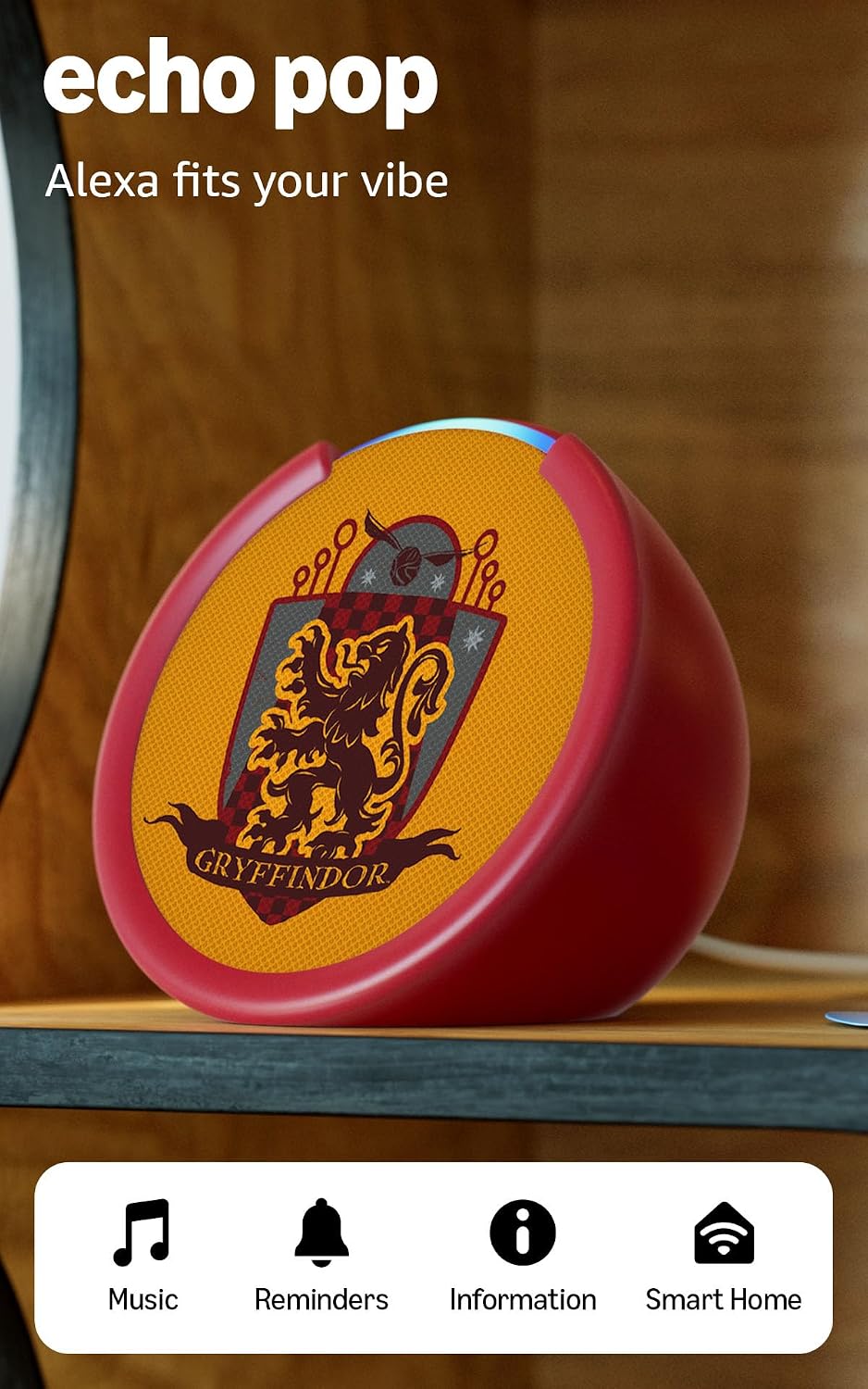 Gryffindor Harry Potter Echo Pop smart speaker with house crest faceplate