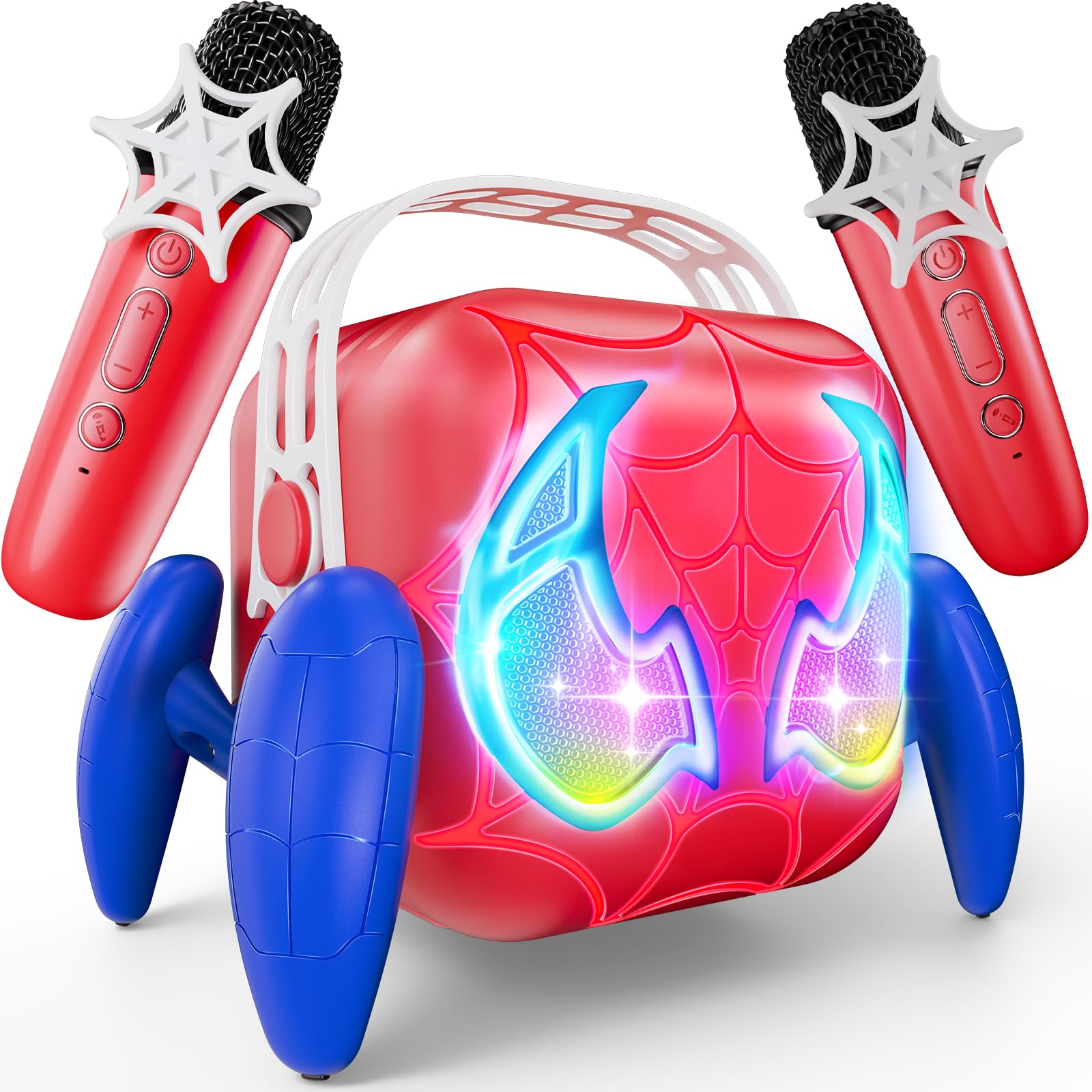 Photo 1 of Karaoke Machine for Kids, Red & Blue Glowing Eyes & Rhythm Light, 5 Magic Voice, 2 Wireless Mini Microphone, Portable Bluetooth Speaker, Easter Basket Stuffers Boys Gifts Age 3 4 5 6 7 8 9 10 11 12