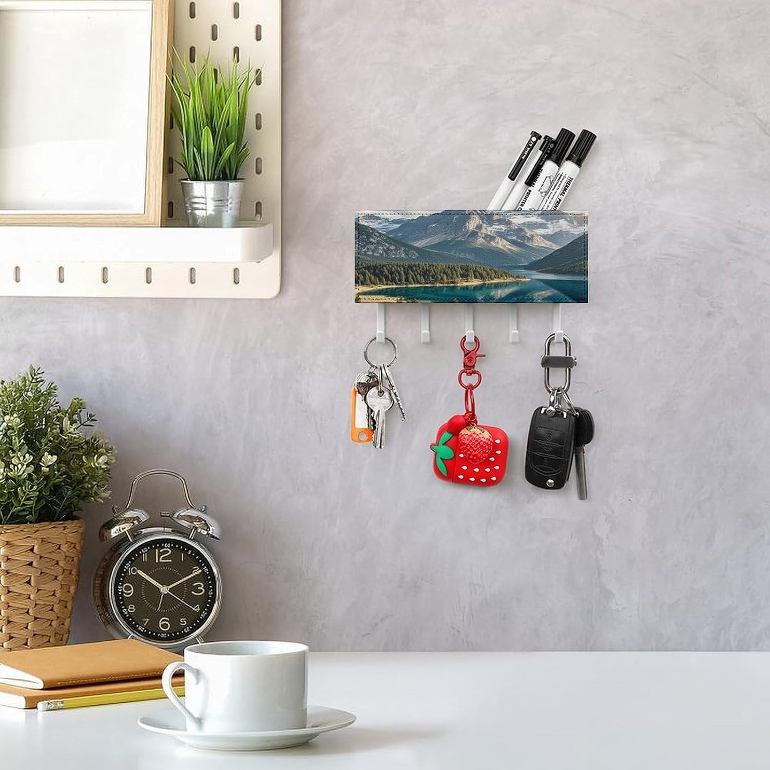 Key Holder Wall Mount Key Hanger with 5 Hooks, Decorative Key Rack | Lake Under Mountain Hanging Key Hooks with Mail Organizer for Wall Living Room Kitchen Bathroom Hallway