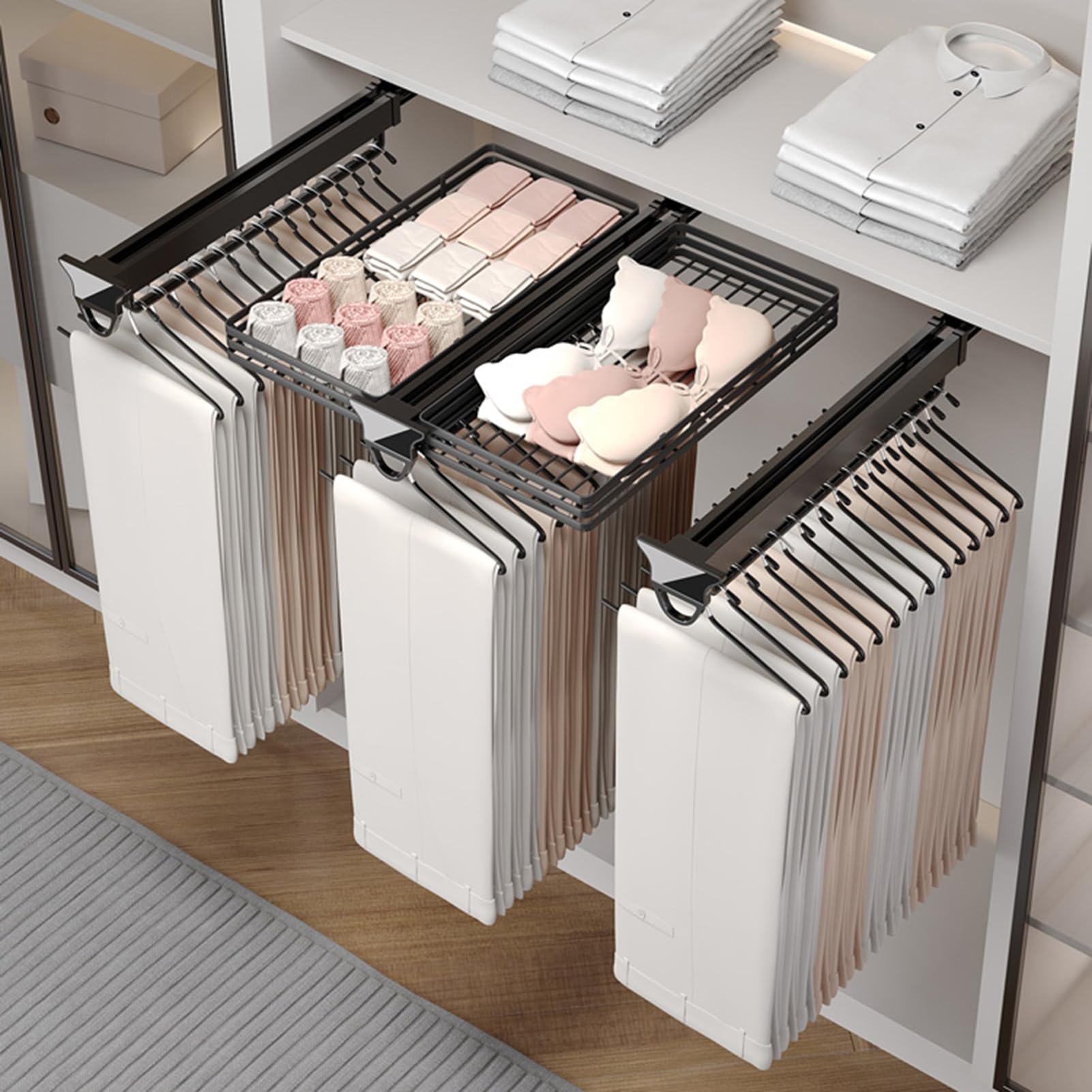 460mm, Panier De Garde-Robe, Tringle Habits Extractible, Cintres Polyvalents Antidérapants, Panier De Stockage De sous-Vêtements Et De Chaussettes, Cintre À Enfiler Monté sur Le Dessus