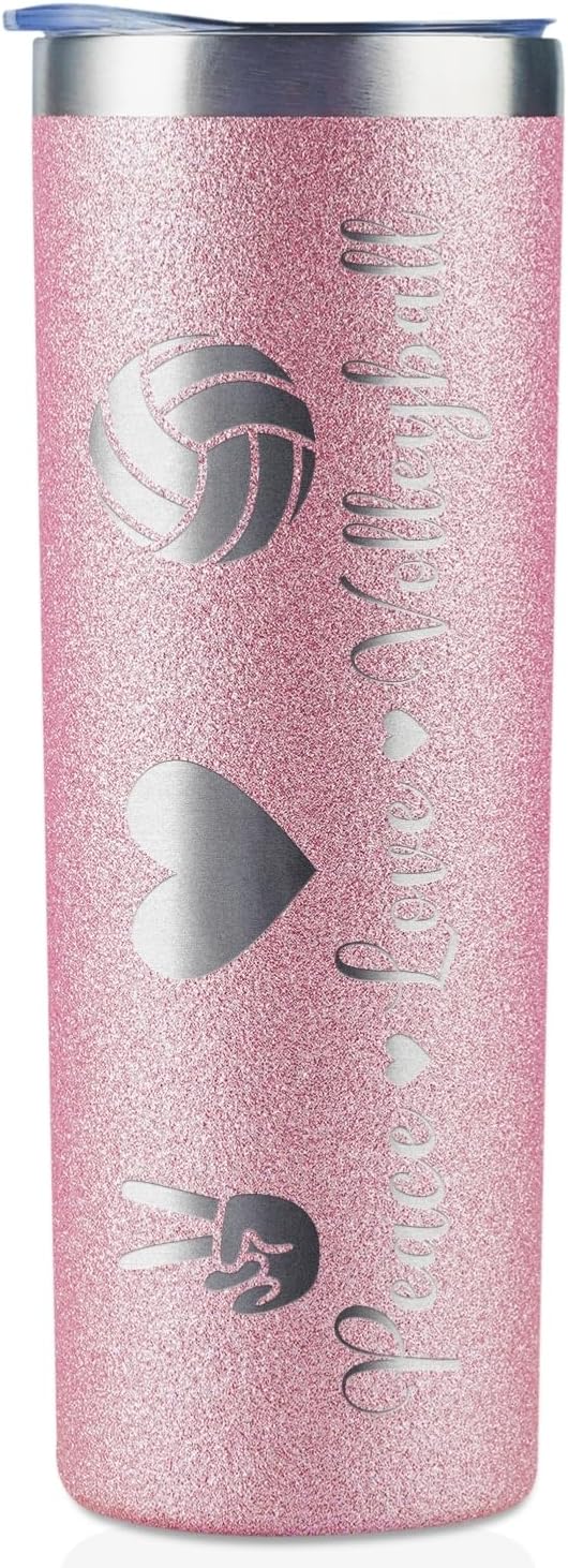 Onebttl Volleyball Gifts for Teen Girls & Team, Stainless Steel Kids Volleyball Tumbler, Double Wall Vacuum Insulated Bottle with Lid and Straw 20oz - Peace Love Volleyball (Glitter Rose Gold)