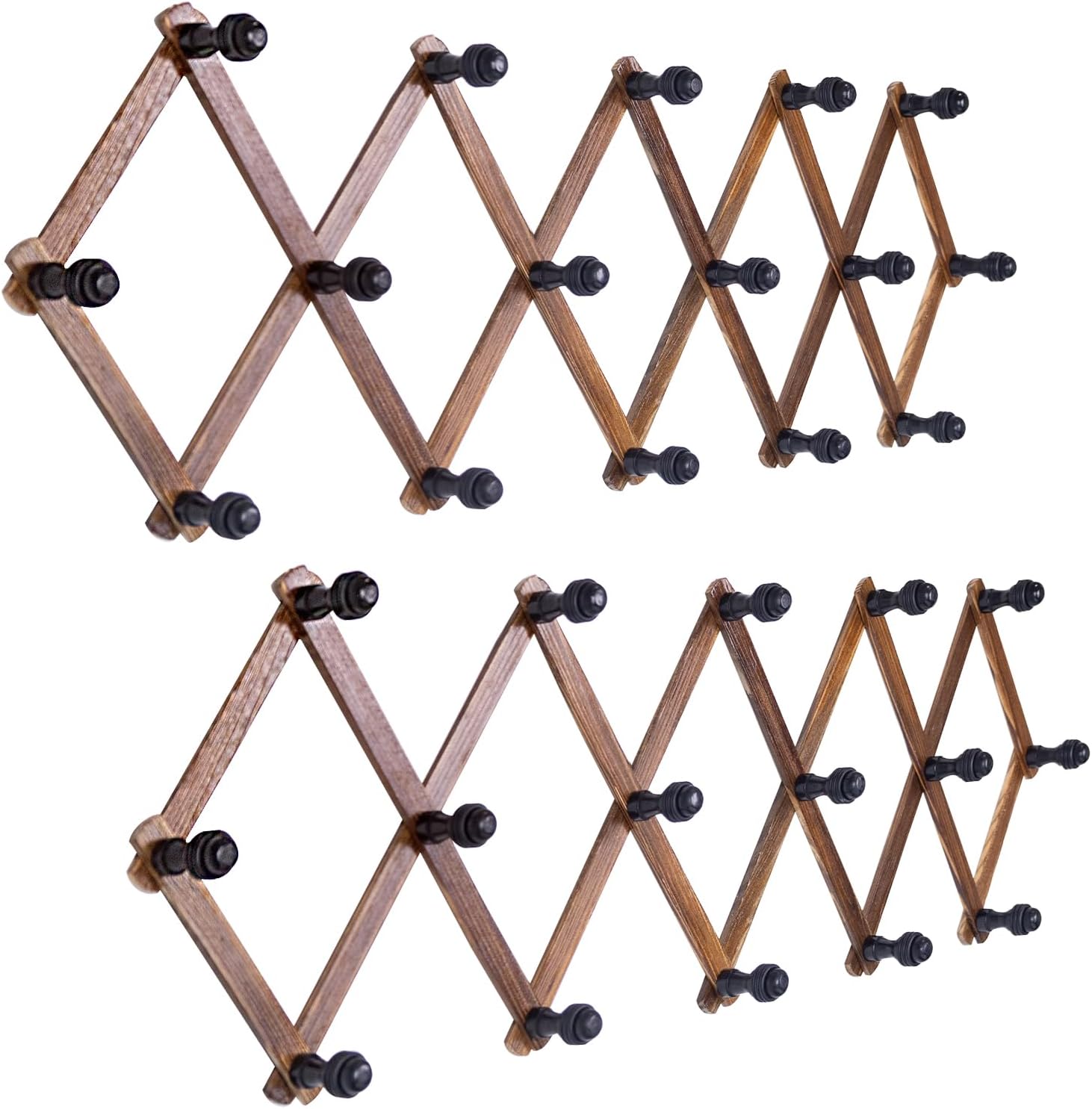 WodGod 2-Pack Accordion Wall Hanger, 16 Hooks Each, Pine Carbonized Finish, Expandable Coat Rack for Entryway, Bedroom & Closet, Optional Adhesive, Screwdriver & Silicone Rings