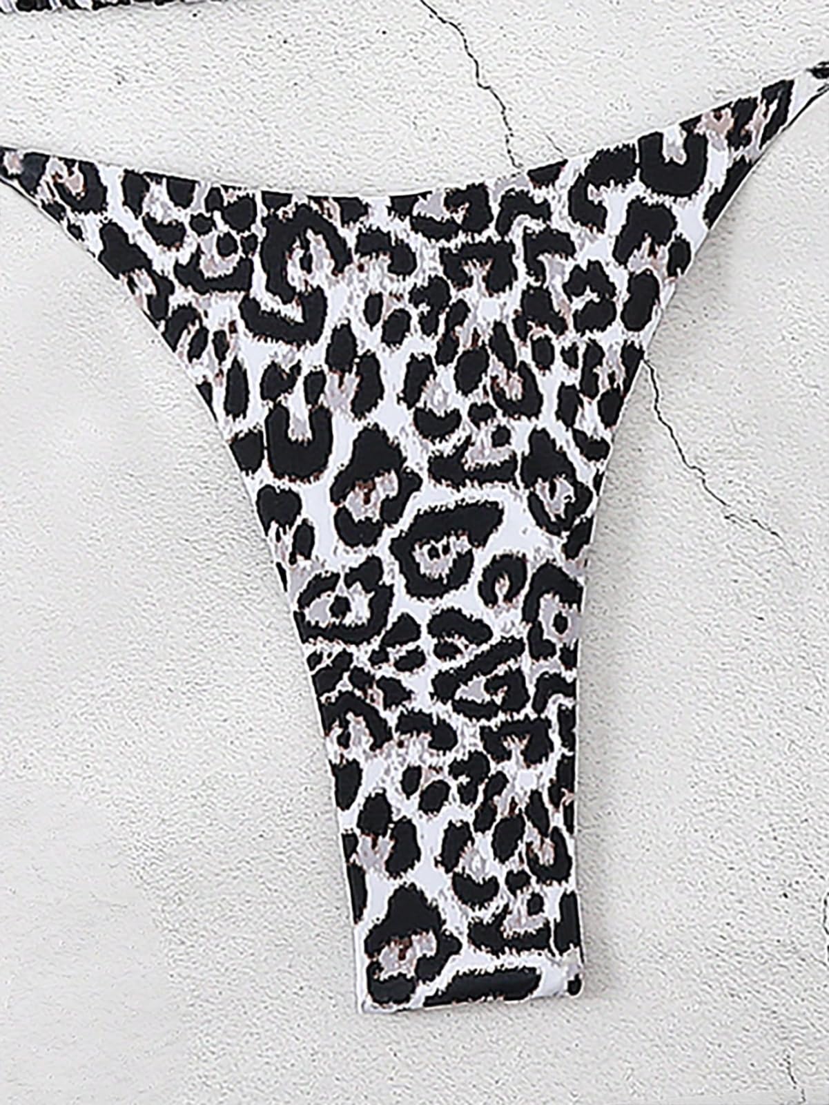 Bikini Mujer Mujeres Leopardo Impresión Conjunto De Dos Piezas Traje Baño Corbata Lateral Ropa Playa-XS（Old）-Black