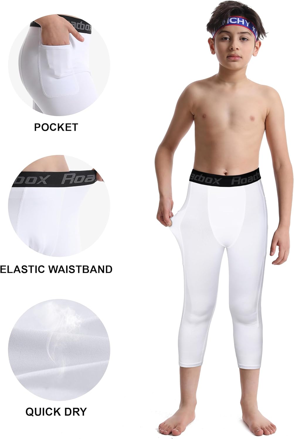 Roadbox Boys 3/4 Compression Leggings Pants, Youth Sports Capri Running Tights Kids Basketball Base Layer with Pockets - Image 7