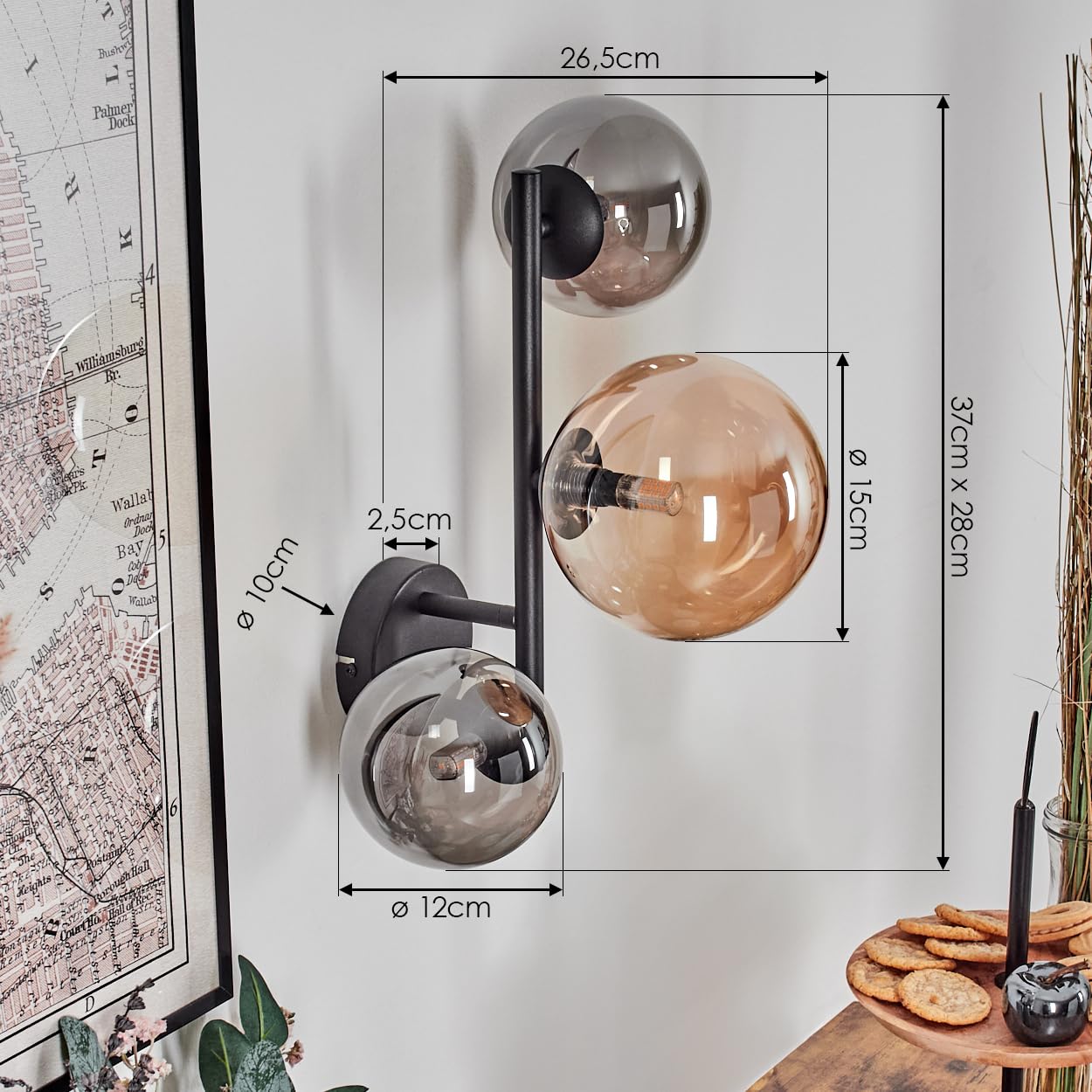 HOFSTEIN Wandleuchte Chehalis, Wandlampe aus Metall/Glas in Schwarz/Rauch/Bernstein, moderne Leuchte im Vintage-Design (Ø Schirme 12; 15 cm), G9, Wohnzimmer, Schlafzimmer, Küche, Flur, Treppenhaus
