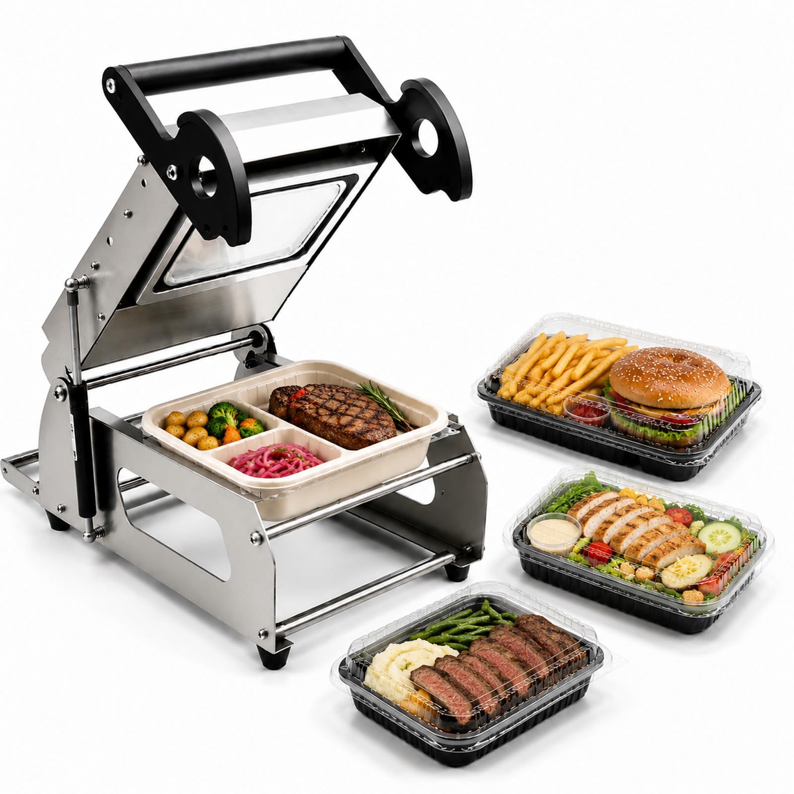 JIYINGHUI Semi-Automatic Tray Food Sealing Machine,Stainless Steel,7–8 Trays/Min,30s Fast Heating,for Steak Cooked Foods FR160E-180 * 130mm