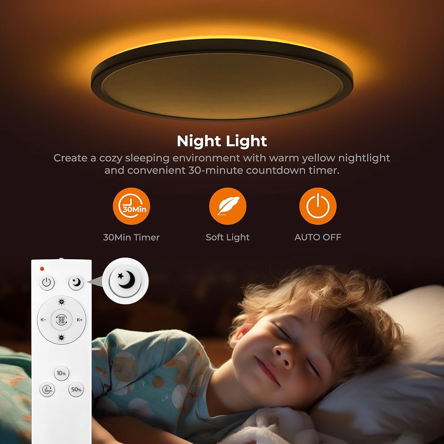 Matane 15.4in LED Flush Mount Ceiling Light Fixture with Remote, 2000K Warm Nightlight, Dimmable 3000K-6500K Low Profile Ceiling Lights for Bedroom, Living Room, 3600LM Black