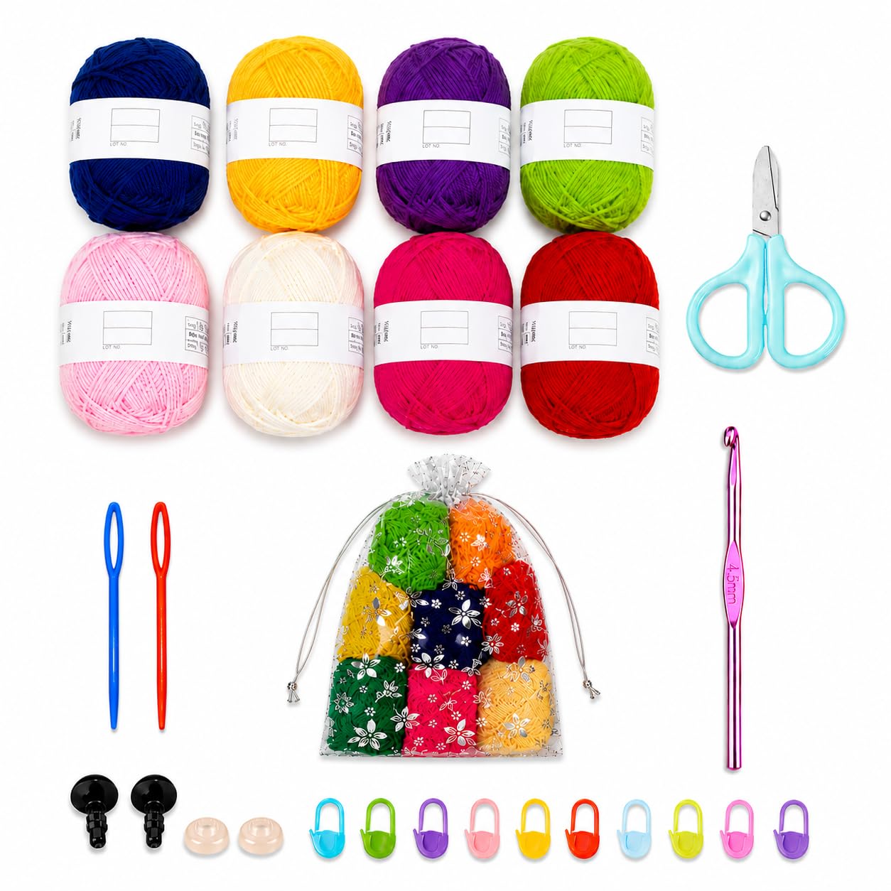 VIHARINI Crochet Kit for Beginners with Yarn, Hooks, Stitch Markers, Knitting needles, Eyes, Scissor DIY Tools & Crochet Thread – Complete Crocheting Set for Adults and Kids (Multi-Colour) with Drawstring bag-image-21