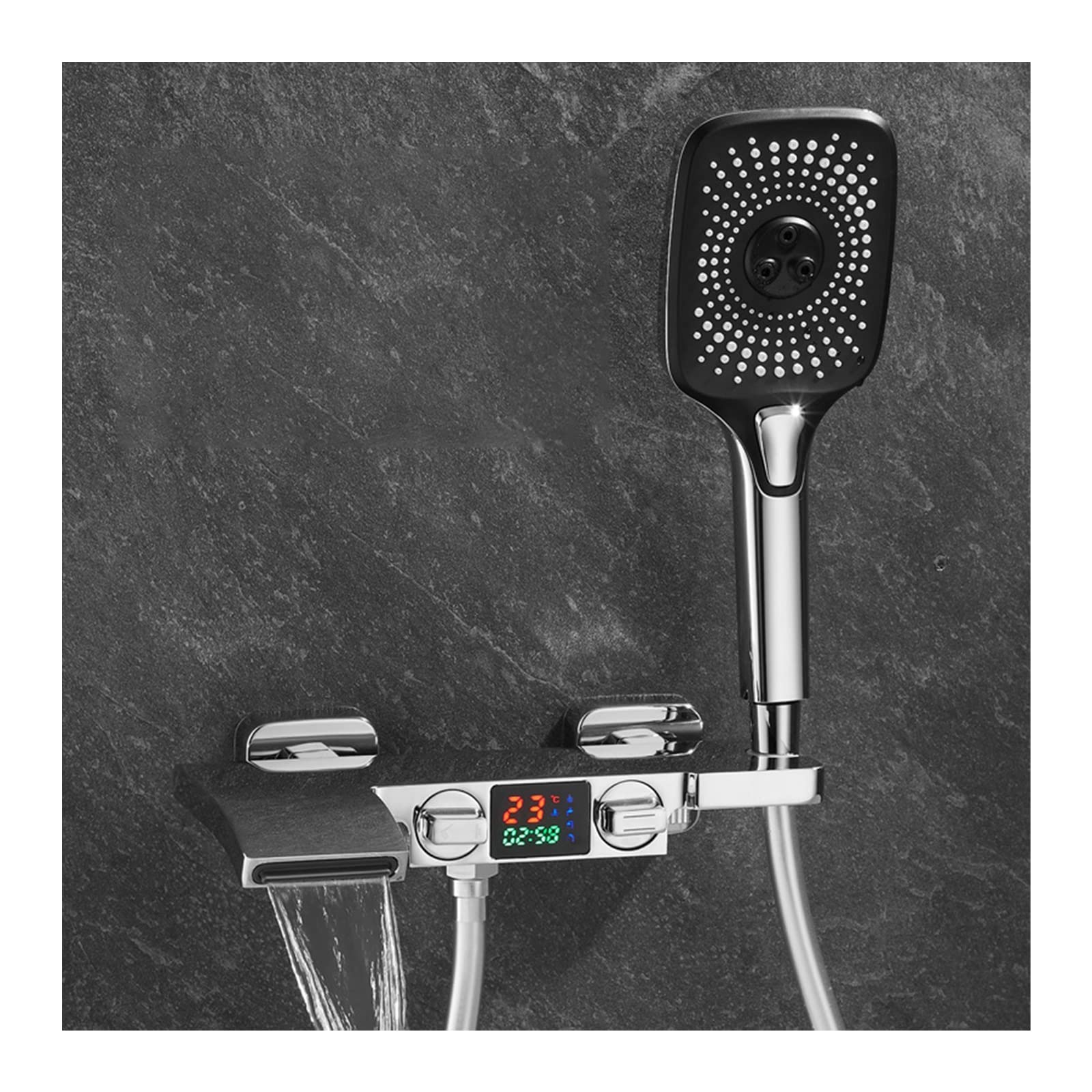 Colonne de douche thermostatique murale argent avec cascade moderne et pulvérisateur 3 fonctions