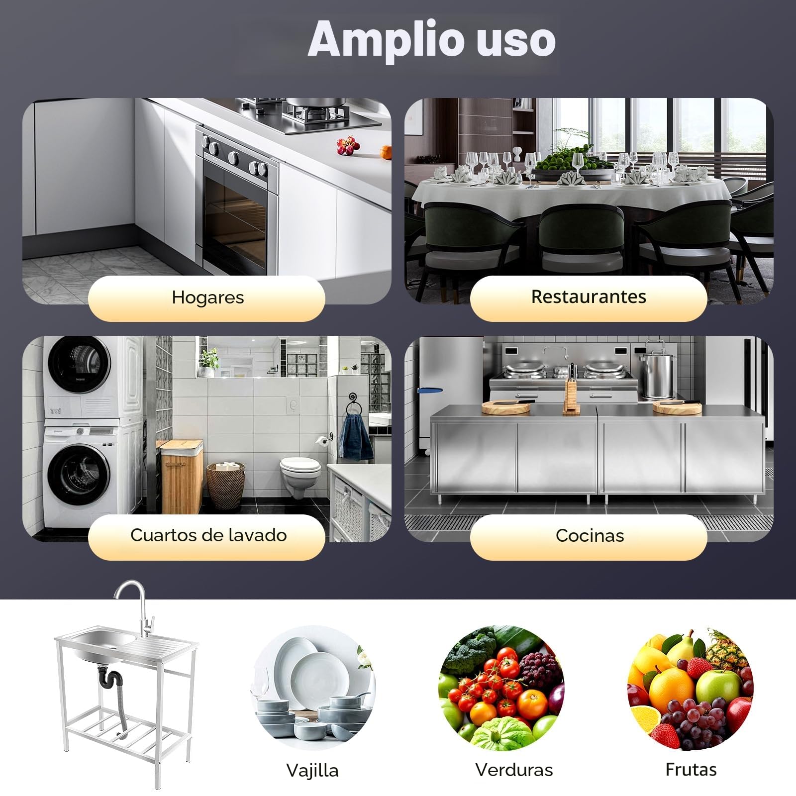 Pila exterior independiente de acero inoxidable con grifo y mueble bajo, 75x40x75 cm. Gran fregadero con superficie de goteo para jardín, garaje, camping, taller, exterior