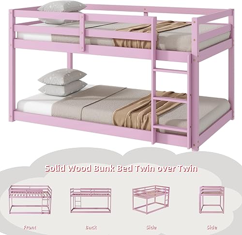 Miniatura 122 de Litera baja individual sobre individual, base de cama de madera maciza con escalera y barandillas de seguridad, literas individuales para niños y