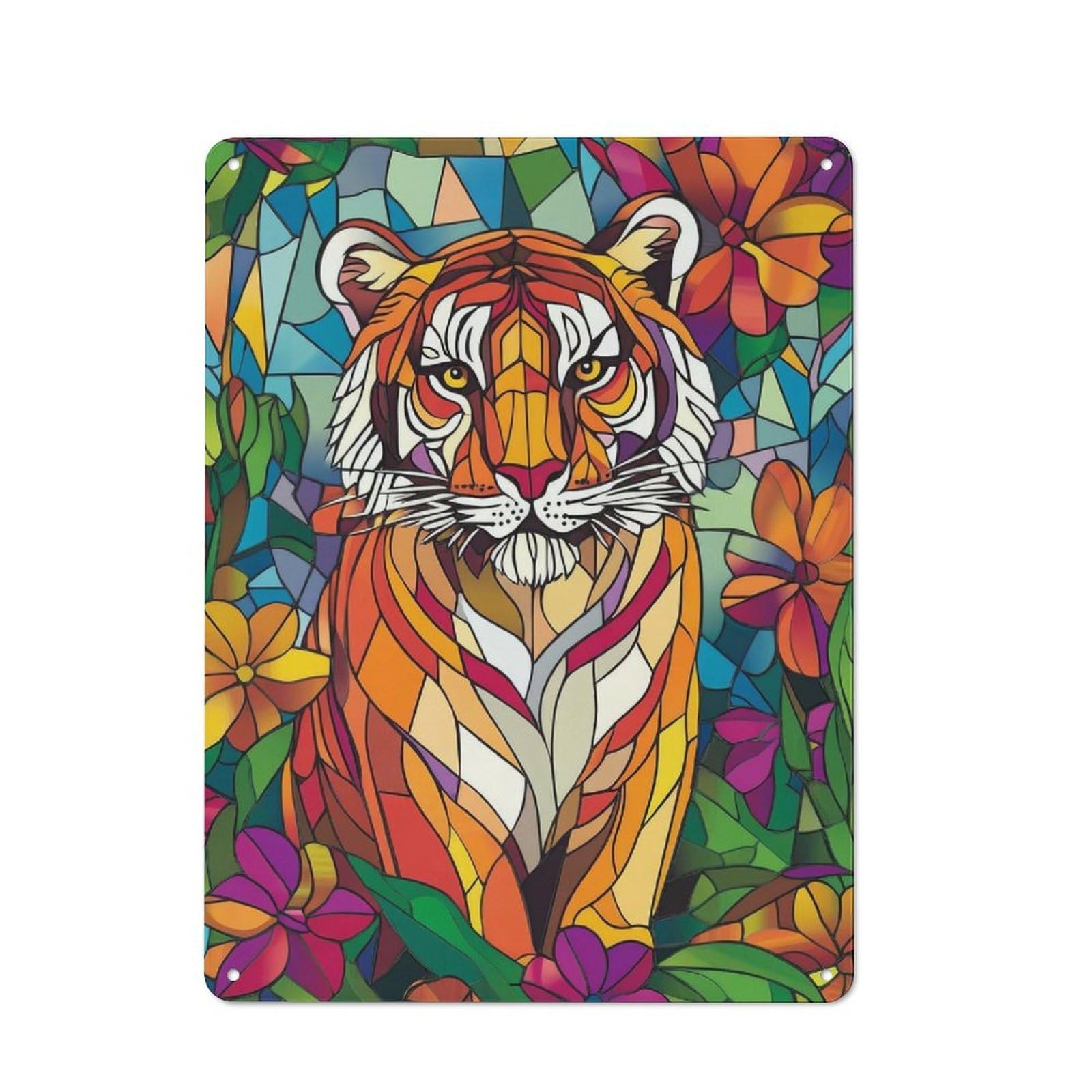 Stained Glass Tiger Retro Metal Wall Decor 40x30cm, Tin Wall Sign for Bakery, Diner, Cafe Or Family Room