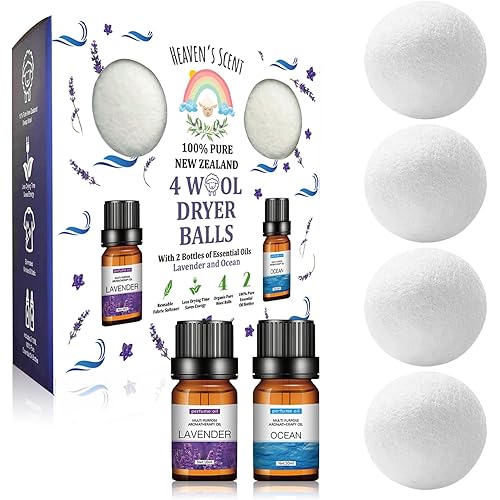Heaven's Scent Wool Dryer Balls w/Essential Oils Bundle - Reusable, Organic, Handmade & Hypoallergenic XL Size | Eco-Friendly, Natural Fabric Softener | Ocean & Lavender Oil, White